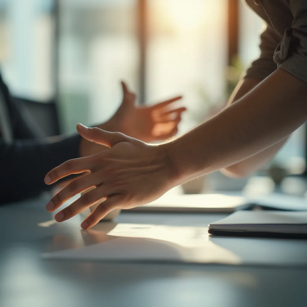Detail rukou při protažení během pracovního dne